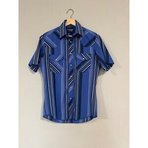 WRANGLER Vtg 80s Blue Grey Stripes Western Short Sleeve Shirt- Small
